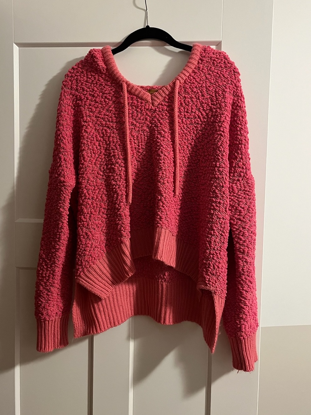 POL Coral Pink Textured V-Neck Hoodie Sweater